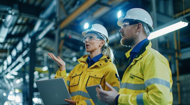 Engineers wearing safety gear discussing project in industrial factory