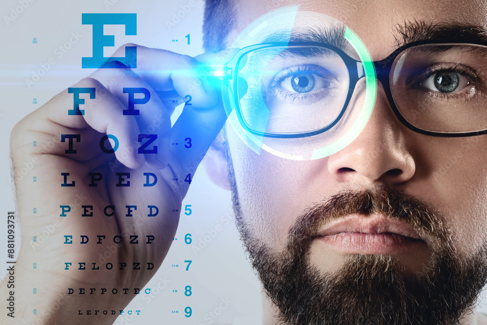 Poster close-up of man with glasses and eye chart. concept of vision and eye care