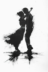 A black and white sketch of a couple dancing