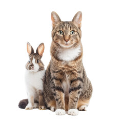Domestic cat and rabbit sitting side by side, isolated with a clipping path