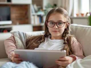 A young girl sits on a couch with a tablet in hand, engaged in digital activity