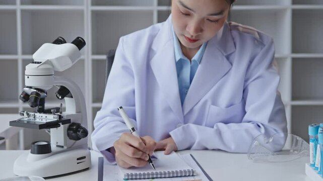 Female scientist in a modern laboratory, conducting research, writing notes, and displaying satisfaction with results. Microscope and test tubes visible