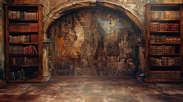 Elegance of History: Vintage Oil Painting of Umber Ancient Library with Rich Textured Blank Sign