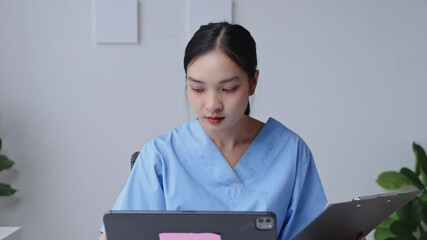 Female healthcare worker in blue scrubs focused on evaluating patient documents and digital records in a modern clinical office
