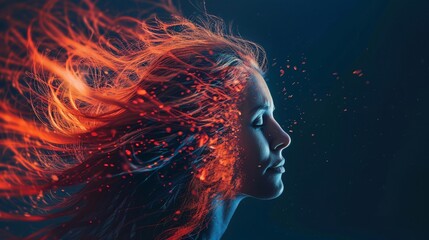 Abstract portrait of woman with fiery hair against dark background