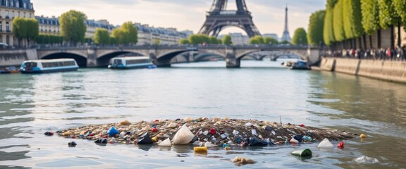 Illustration of sewage pollution in the Seine river in Paris. Water quality fear. Generated AI. Not the actual event