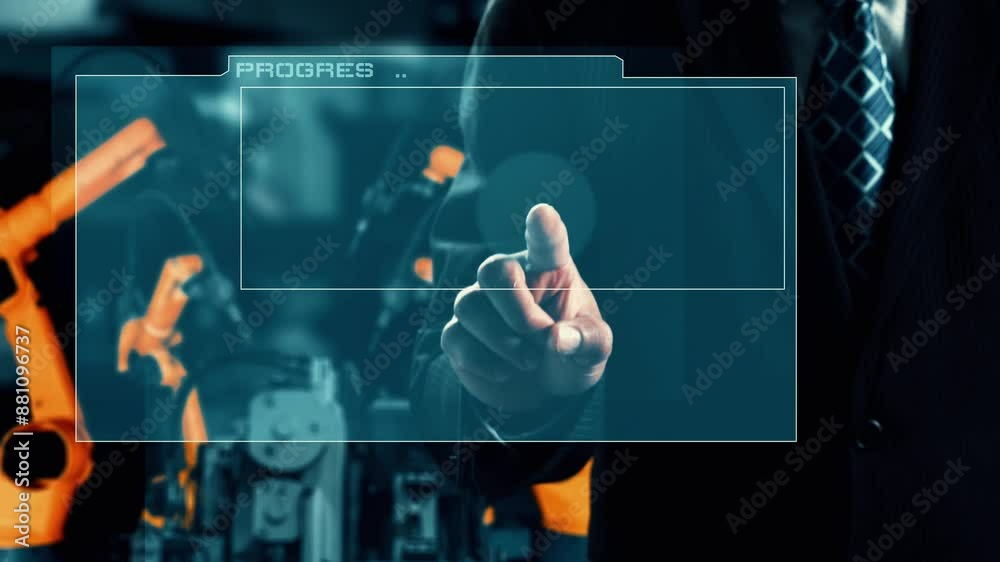 Poster mlp engineer use cybernated robotic software to control industry robot arm in factory. automation ma