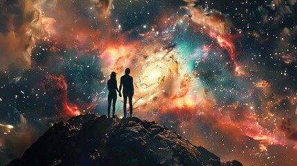 Fototapeta premium Boundless Love Amongst the Stars - Romantic Portrait Painting on Asteroid with Galaxies in Background, Detailed Interstellar Romance Captured.