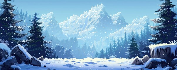 Frosty Peaks Game Level - Snowy Mountain Landscape with Pine Trees, Icicles, and Random Sprites in Winter Wonderland Setting under Cool Tones