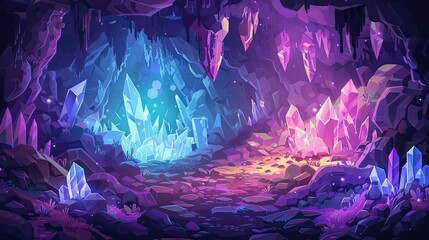Enchanted Crystal Cavern Game Level with Glittering Gems, Stalactites, and Magical Sprites