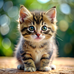 Fototapeta premium Cute siberian kitten over bright green grass background