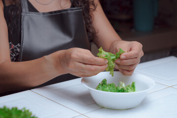 Hands of a cook with a knife cutting fresh lettuce leaves.