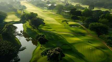 golf course in the morning with fog and green grass
