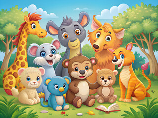 Naklejka premium Illustration of a group of animals at the jungle