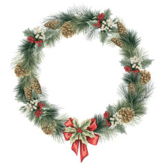 Christmas wreath with fir branch, mistletoe, cone, bow. Holiday decoration.	