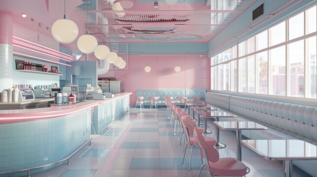 A retro-style diner interior with pastel colors and neon signs evoking an atmosphere of the 1950s.