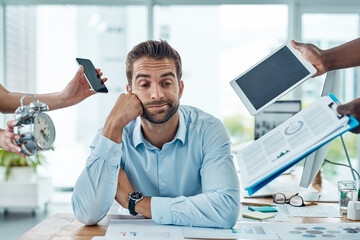 Hands, tired and man in office, schedule and burnout of accountant, stress and paper. Time...