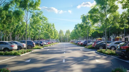 Obraz premium Neatly parked cars in a public car parking lot with modern infrastructure.