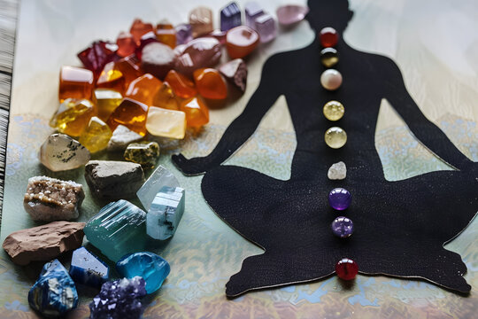 Macro shot of all chakra chart with corresponding colors and crystals. Meditating human silhouette with amethyst, peacock ore, angelite, serpentine, orange calcite, carnelian, red jasper