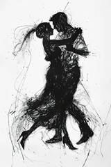 A black and white sketch of a couple dancing