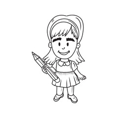 Beautiful girl with long hair, backpack and pencil in hand in skirt uniform is going back to school. Hand drawn vector sketch illustration in doodle engraved vintage line art style. Study, student.