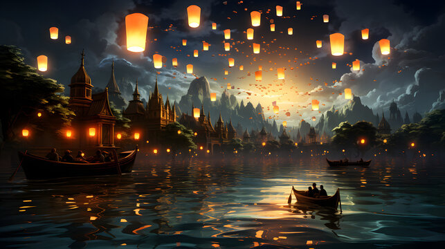 As the sun sets behind the mountains, hundreds of paper lanterns float over a mystical city with towering castles and cathedrals. Gondolas filled with people enjoying the view float along the river.