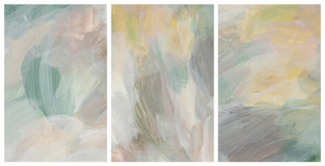 Art Watercolor and Acrylic hand drawn smear blot painting. Abstract texture neutral pastel color stain background. Set.