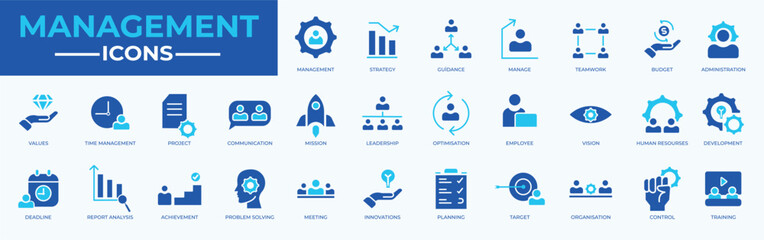 Management web icons. Media, teamwork, business, planning, strategy, marketing. Vector illustration.