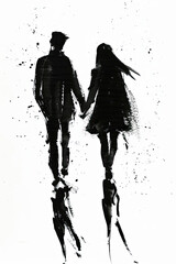 A black and white sketch of a couple holding hands