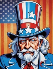 Cartoon Uncle Sam. Using blue, red and white colors. Sad Uncle Sam.