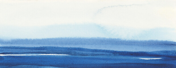 Obraz premium Ink watercolor hand drawn smoke flow stain blot painting on wet paper texture horizontal long background. Blue pastel colors landscape.