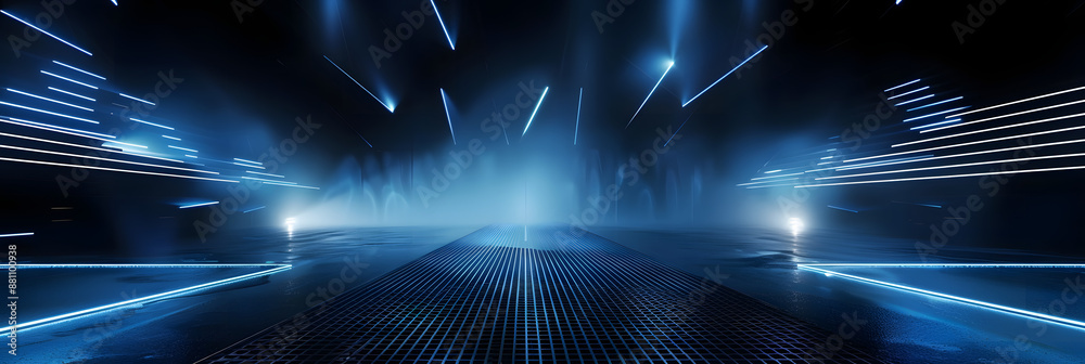 Canvas Prints dark abstract background with blue neon lines and spotlights
