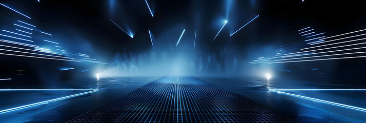 dark abstract background with blue neon lines and spotlights