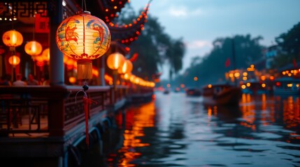 Lanterns illuminate boats on a river at night