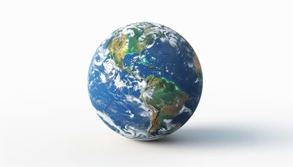 Fototapeta premium Detailed Earth Globe with Continents, Oceans, and Cloud Formations, White Background, Copy Space