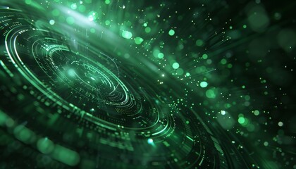 Obraz premium Abstract Green Circular Patterns and Light Streaks on Dark Background, Futuristic Tech Digital Art, Copy Space