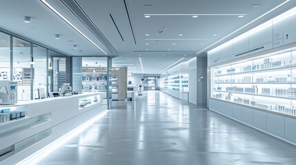 State-of-the-art hospital pharmacy with robotic counters and digital processing.