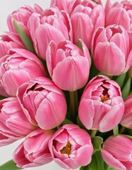 Fototapeta premium Beautiful bouquet of pink tulips for a wedding, the bouquet is tied with pink ribbons, white background, festive bouquet