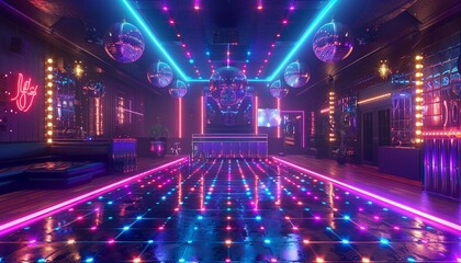 Vibrant Night Club Scene with Illuminated Dance Floor and Disco Ball, 80s Era with Neon Lights
