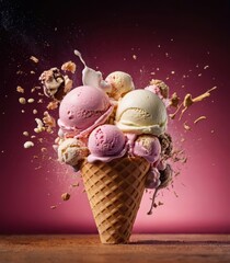 An explosion of delicious ice cream, ice cream balls and fruits, a waffle cone.