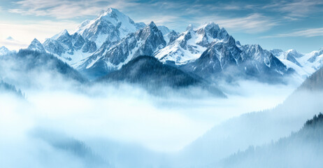 Obraz premium A serene landscape of a mountain range under a clear blue sky, with fog gently enveloping the trees and mountains
