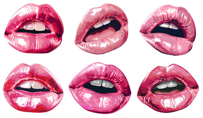 Set of drawings of isolated female lips on a plain background with pink lipstick