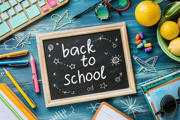 back to school background, frame of stationery and fruit on a blue wooden desk	