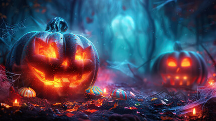 Naklejka premium Happy Halloween, background animated pumpkins bright purple background spider web space for text