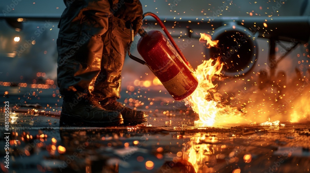 Wall mural Firefighter extinguishing a fire with a fire extinguisher.