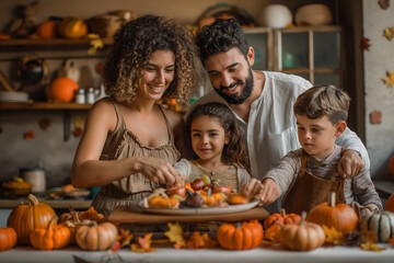 Miltiracial family preparing festive meal together in autumn decorated kitchen, Hispanic, Thanksgiving Day, gratitude and togetherness, family bonding