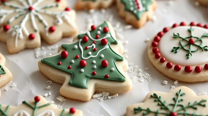 A closeup of a sugar cookie decorated with intricate royal icing designs for Christmas