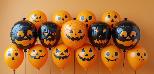 Obraz premium Row orange and black Halloween balloons with scary and funny faces on bright yellow background