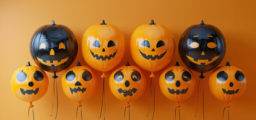Obraz premium Row orange and black Halloween balloons with scary and funny faces on bright yellow background