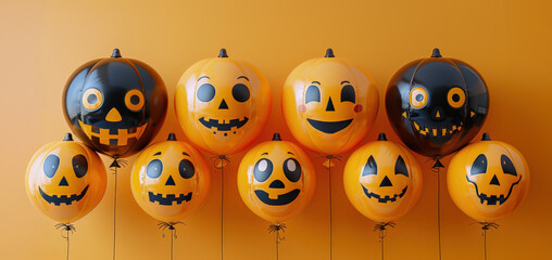 Obraz premium Row orange and black Halloween balloons with scary and funny faces on bright yellow background